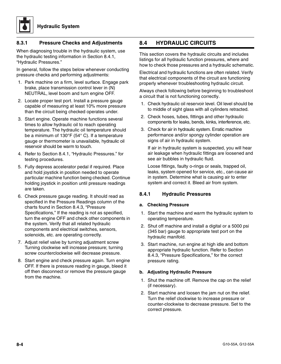 1 pressure checks and adjustments, 4 hydraulic circuits, 1 hydraulic pressures | Hydraulic circuits, Section 8.4, “hydraulic, Circuits, Section 8.4, “hydraulic circuits, Pressure checks and adjustments, Hydraulic pressures | JLG G12-55A Service Manual User Manual | Page 124 / 176