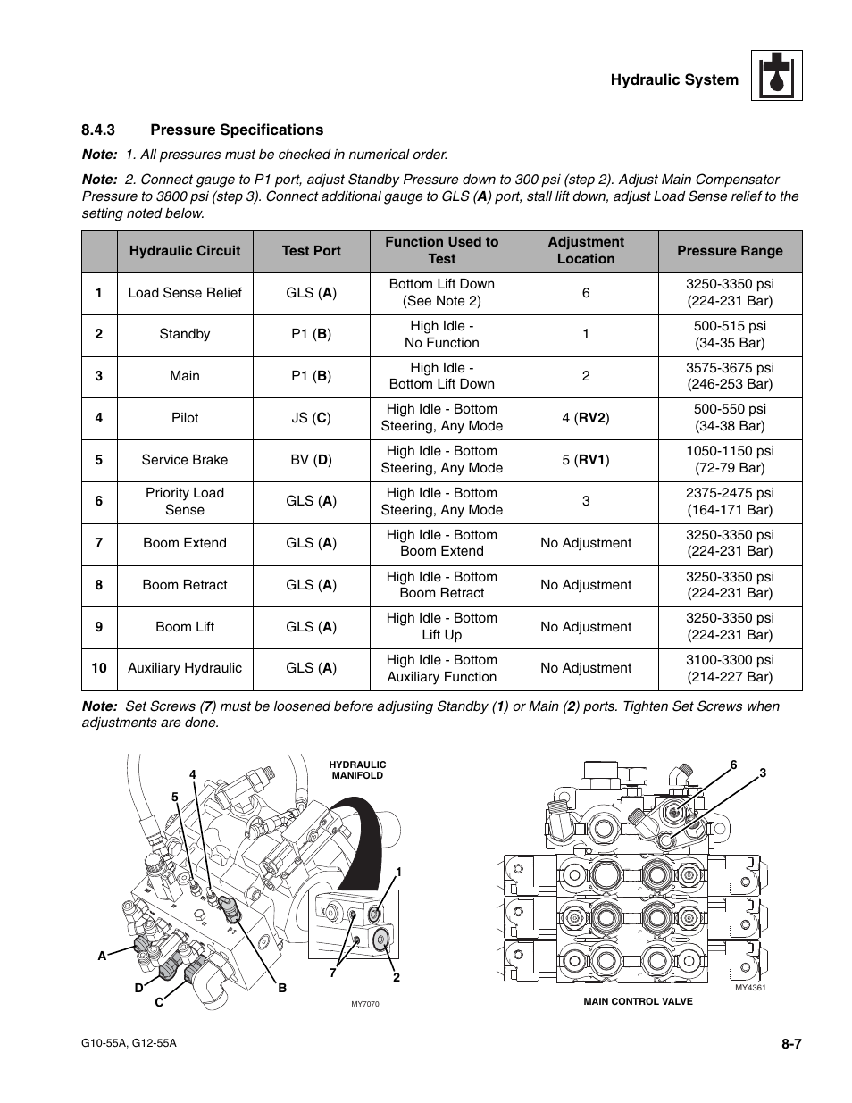3 pressure specifications, In section 8.4.3, “pressure specifications, Section 8.4.3, “pressure specifications | JLG G12-55A Service Manual User Manual | Page 127 / 176