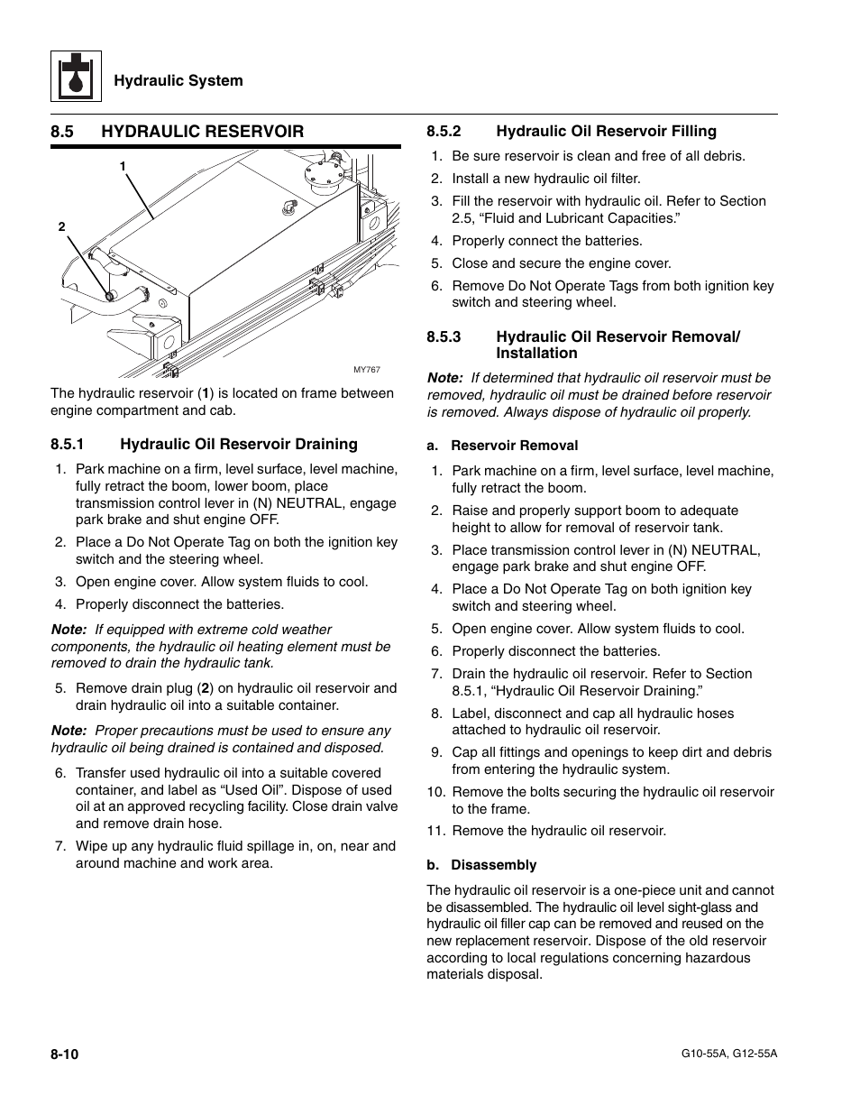 5 hydraulic reservoir, 1 hydraulic oil reservoir draining, 2 hydraulic oil reservoir filling | 3 hydraulic oil reservoir removal/ installation, Hydraulic reservoir, To section, 1, “hydraulic oil reservoir draining, Hydraulic oil reservoir draining, Hydraulic oil reservoir filling, Hydraulic oil reservoir removal/installation | JLG G12-55A Service Manual User Manual | Page 130 / 176
