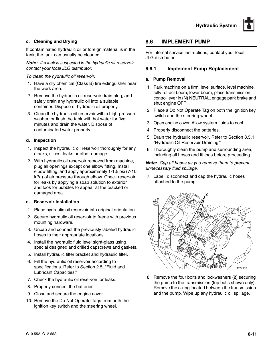 6 implement pump, 1 implement pump replacement, Implement pump | Section, 1, “implement pump replacement, Section 8.6.1, Implement pump replacement | JLG G12-55A Service Manual User Manual | Page 131 / 176