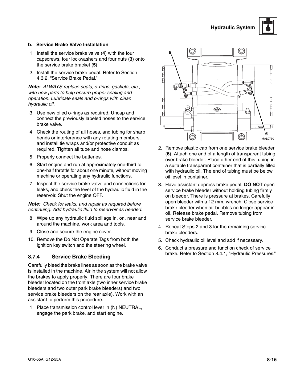 4 service brake bleeding, Section 8.7.4, “service brake bleeding, Service brake bleeding | JLG G12-55A Service Manual User Manual | Page 135 / 176