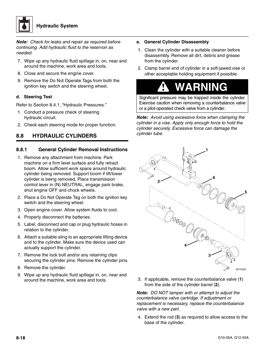 8 hydraulic cylinders, 1 general cylinder removal instructions, Hydraulic cylinders | R to section, 8, “hydraulic cylinders, Tosection, Section 8.8, “hydraulic cylinders, General cylinder removal instructions, Warning | JLG G12-55A Service Manual User Manual | Page 138 / 176