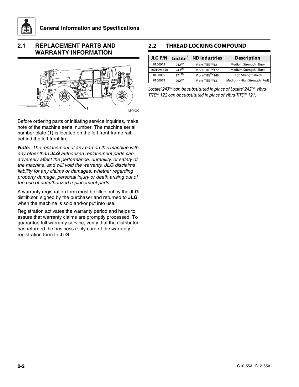 1 replacement parts and warranty information, 2 thread locking compound, Replacement parts and warranty information | Thread locking compound, General information and specifications | JLG G12-55A Service Manual User Manual | Page 14 / 176