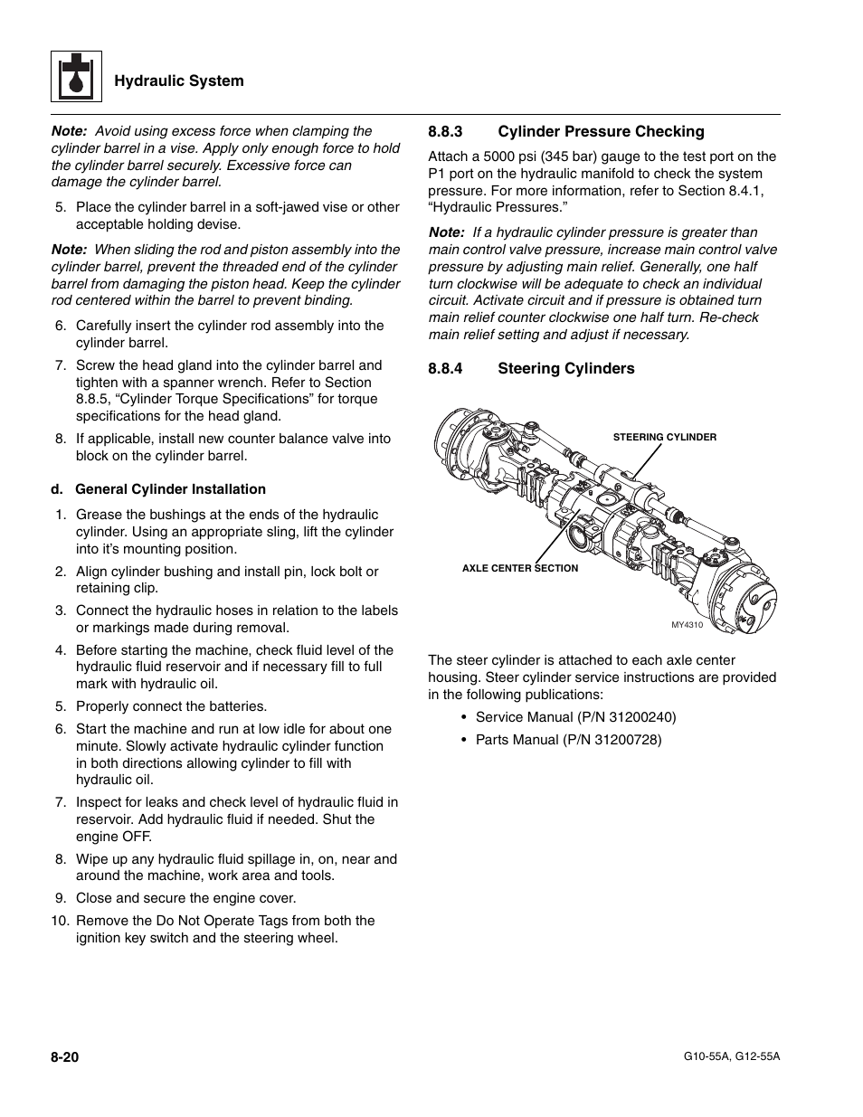 3 cylinder pressure checking, 4 steering cylinders, Cylinder pressure checking | Steering cylinders | JLG G12-55A Service Manual User Manual | Page 140 / 176