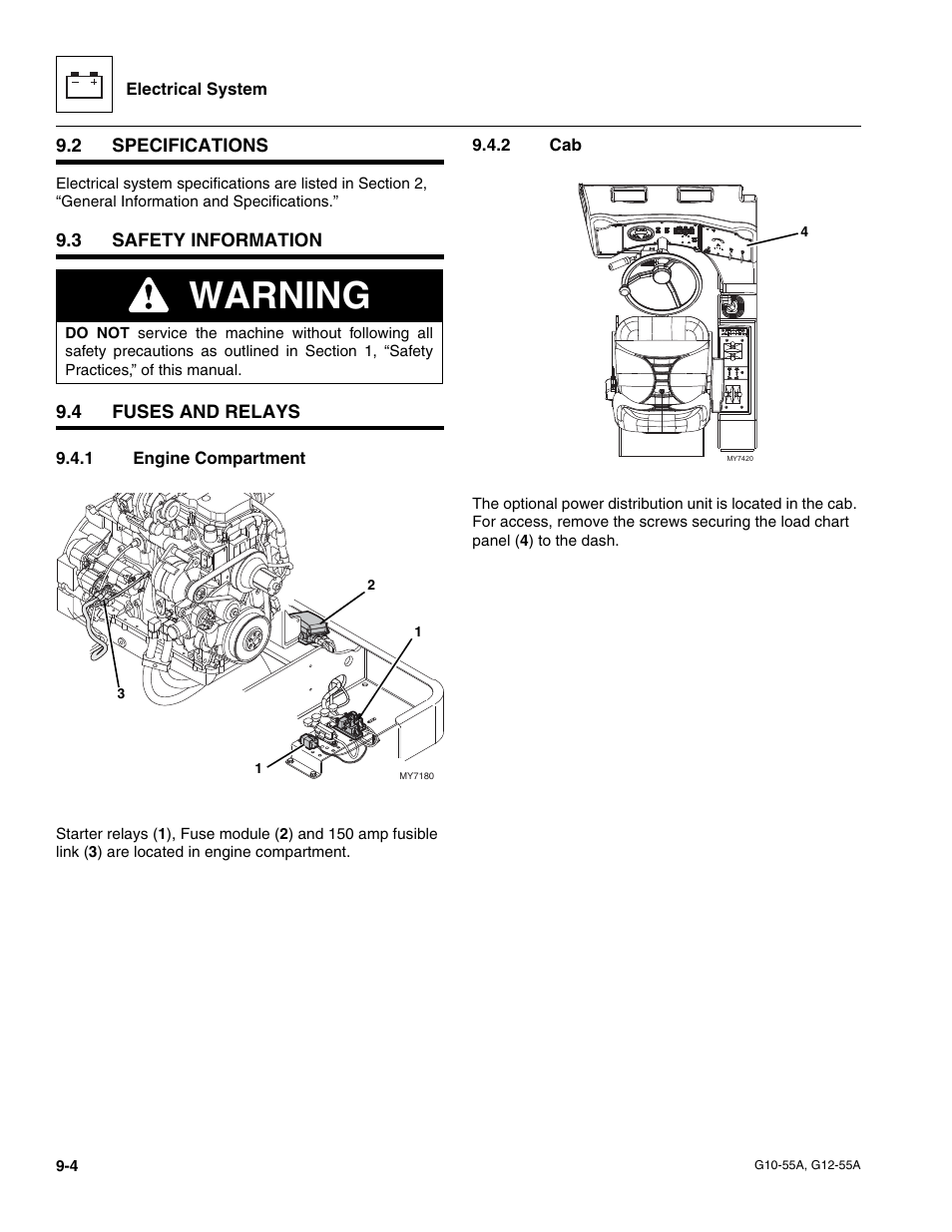 2 specifications, 3 safety information, 4 fuses and relays | 1 engine compartment, 2 cab, Specifications, Safety information, Fuses and relays, Engine compartment, Warning | JLG G12-55A Service Manual User Manual | Page 146 / 176