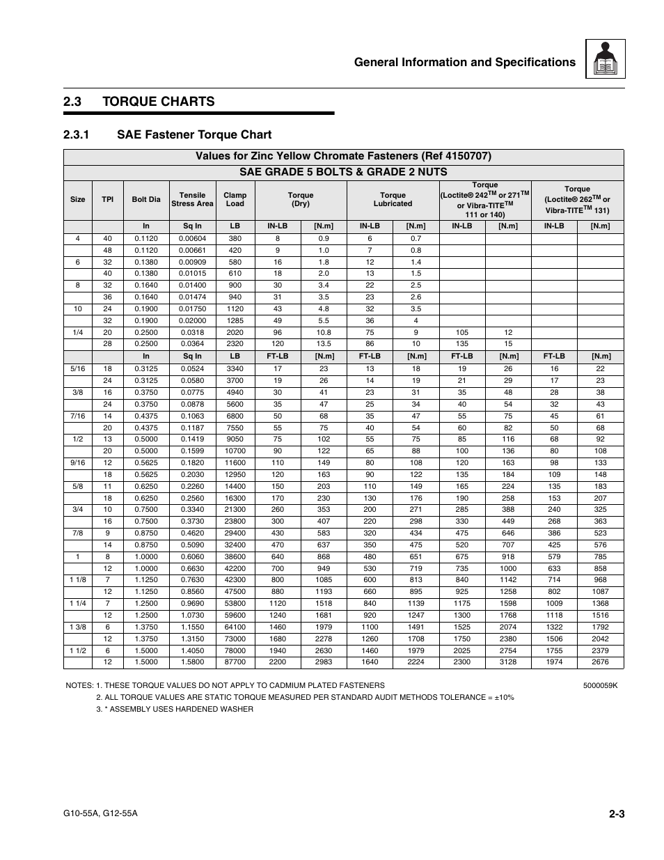 3 torque charts, 1 sae fastener torque chart, Torque charts | Sae fastener torque chart, General information and specifications | JLG G12-55A Service Manual User Manual | Page 15 / 176