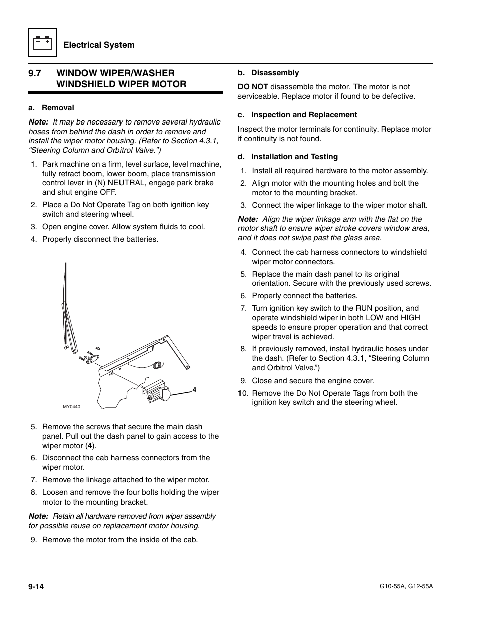 7 window wiper/washer windshield wiper motor, Window wiper/washer windshield wiper motor | JLG G12-55A Service Manual User Manual | Page 156 / 176