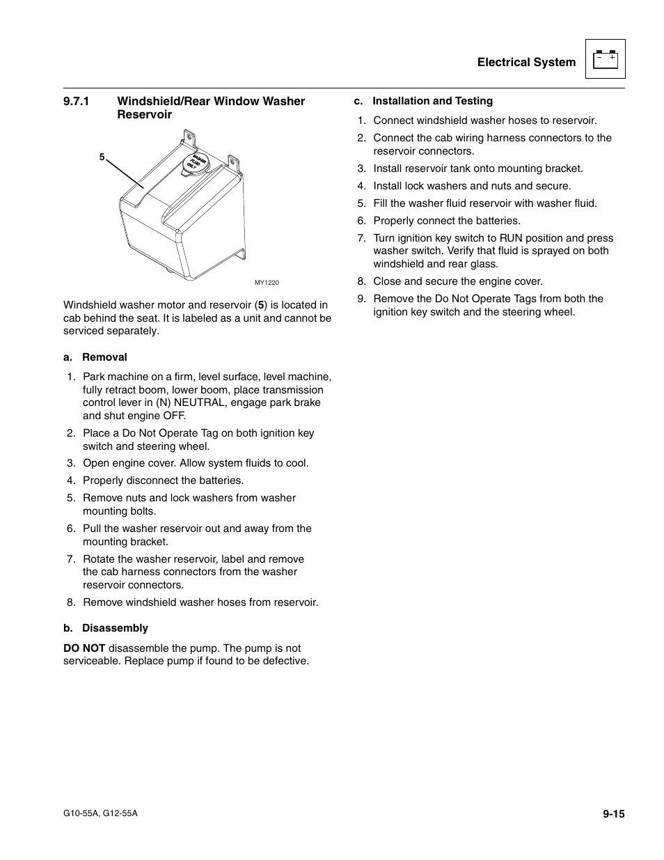 1 windshield/rear window washer reservoir, Windshield/rear window washer reservoir | JLG G12-55A Service Manual User Manual | Page 157 / 176