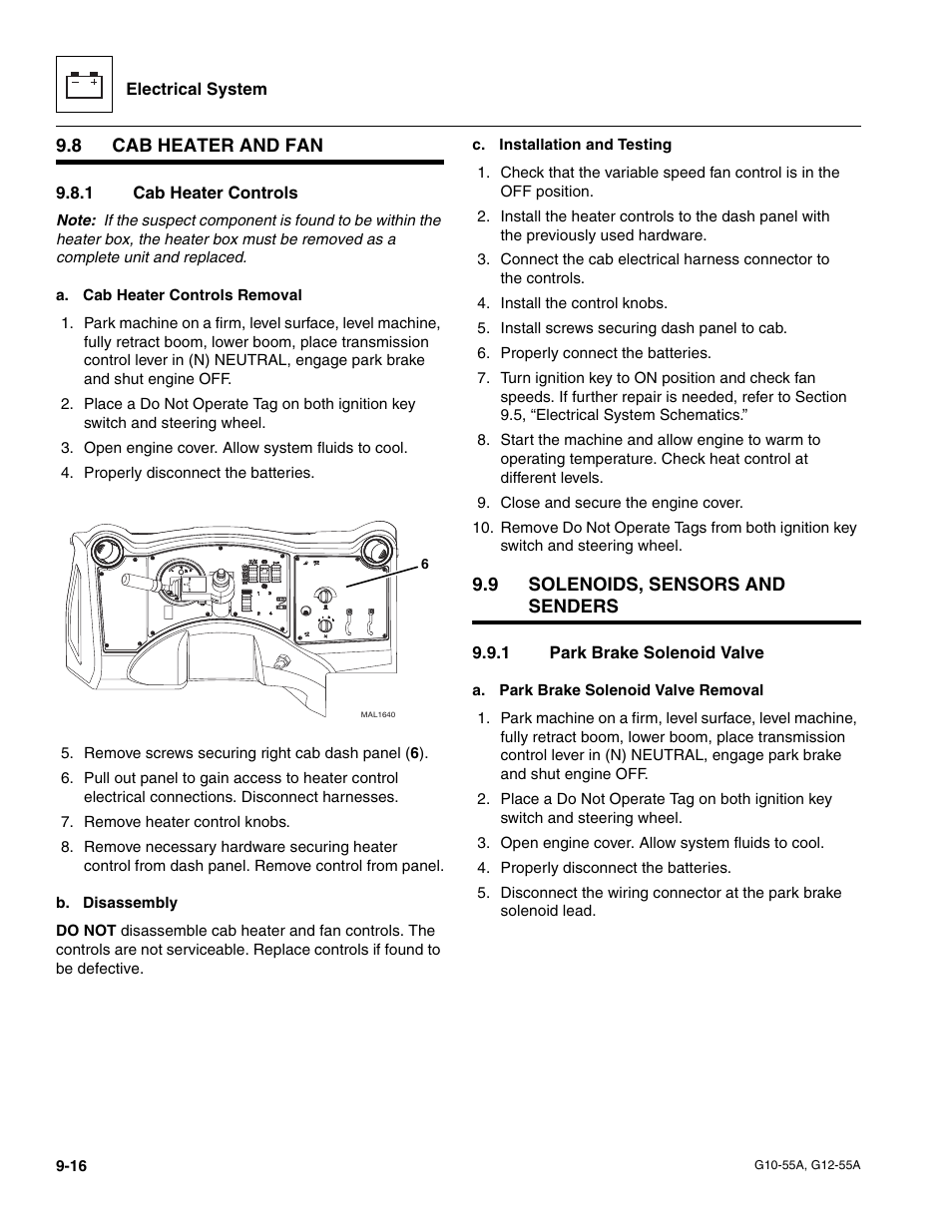 8 cab heater and fan, 1 cab heater controls, 9 solenoids, sensors and senders | 1 park brake solenoid valve, Cab heater and fan, Solenoids, sensors and senders, Cab heater controls, Park brake solenoid valve | JLG G12-55A Service Manual User Manual | Page 158 / 176