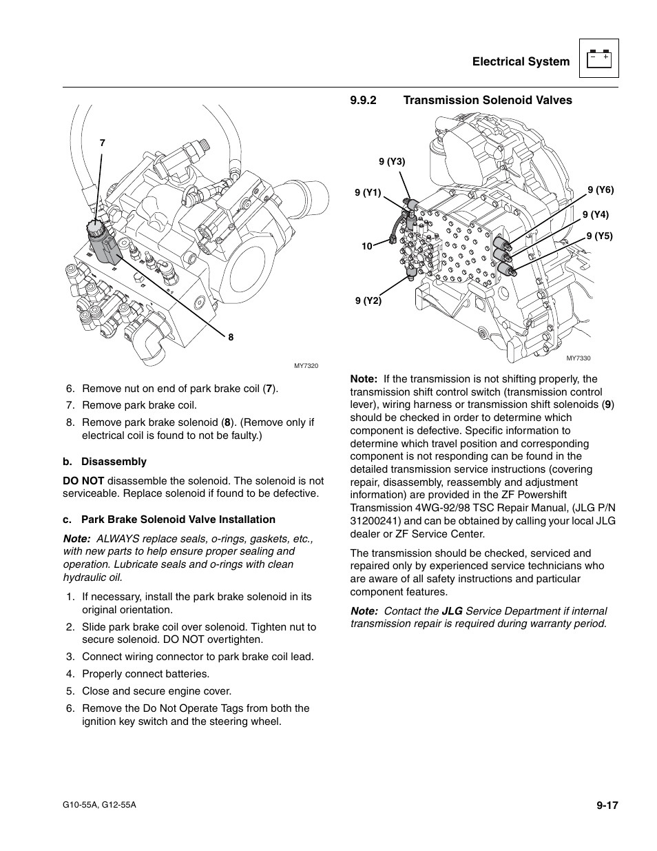 2 transmission solenoid valves, Section 9.9.2, “transmission, Solenoid valves | Transmission solenoid valves | JLG G12-55A Service Manual User Manual | Page 159 / 176