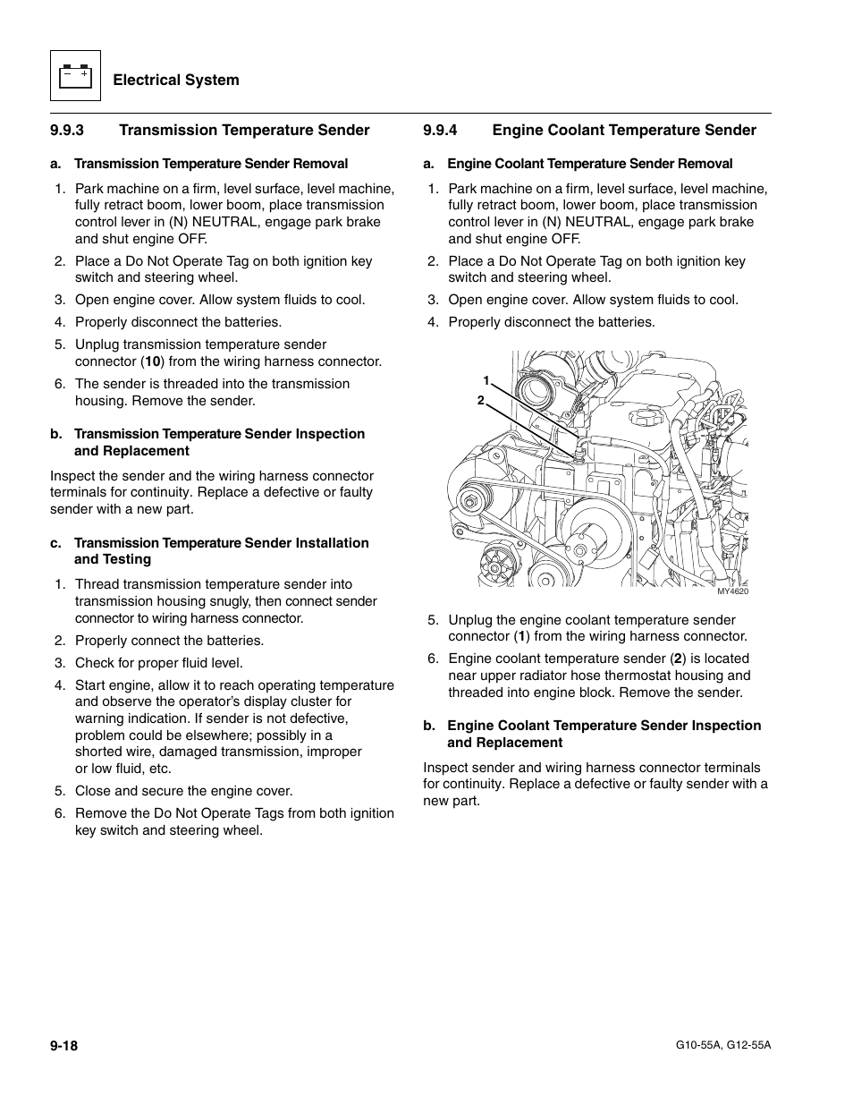 3 transmission temperature sender, 4 engine coolant temperature sender, Transmission temperature sender | Engine coolant temperature sender | JLG G12-55A Service Manual User Manual | Page 160 / 176