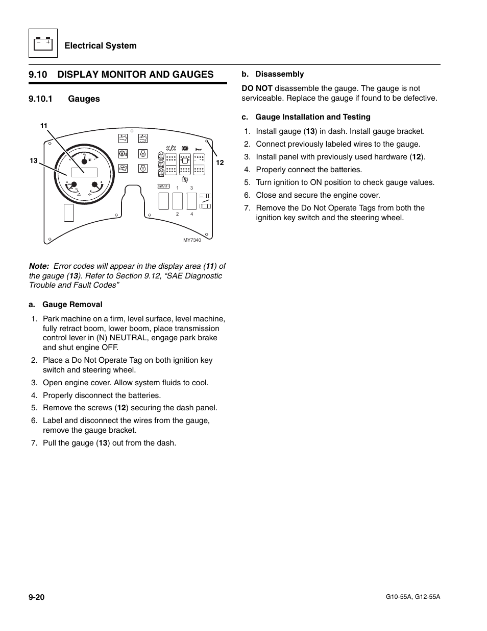 10 display monitor and gauges, 1 gauges, Display monitor and gauges | Gauges, Electrical system | JLG G12-55A Service Manual User Manual | Page 162 / 176