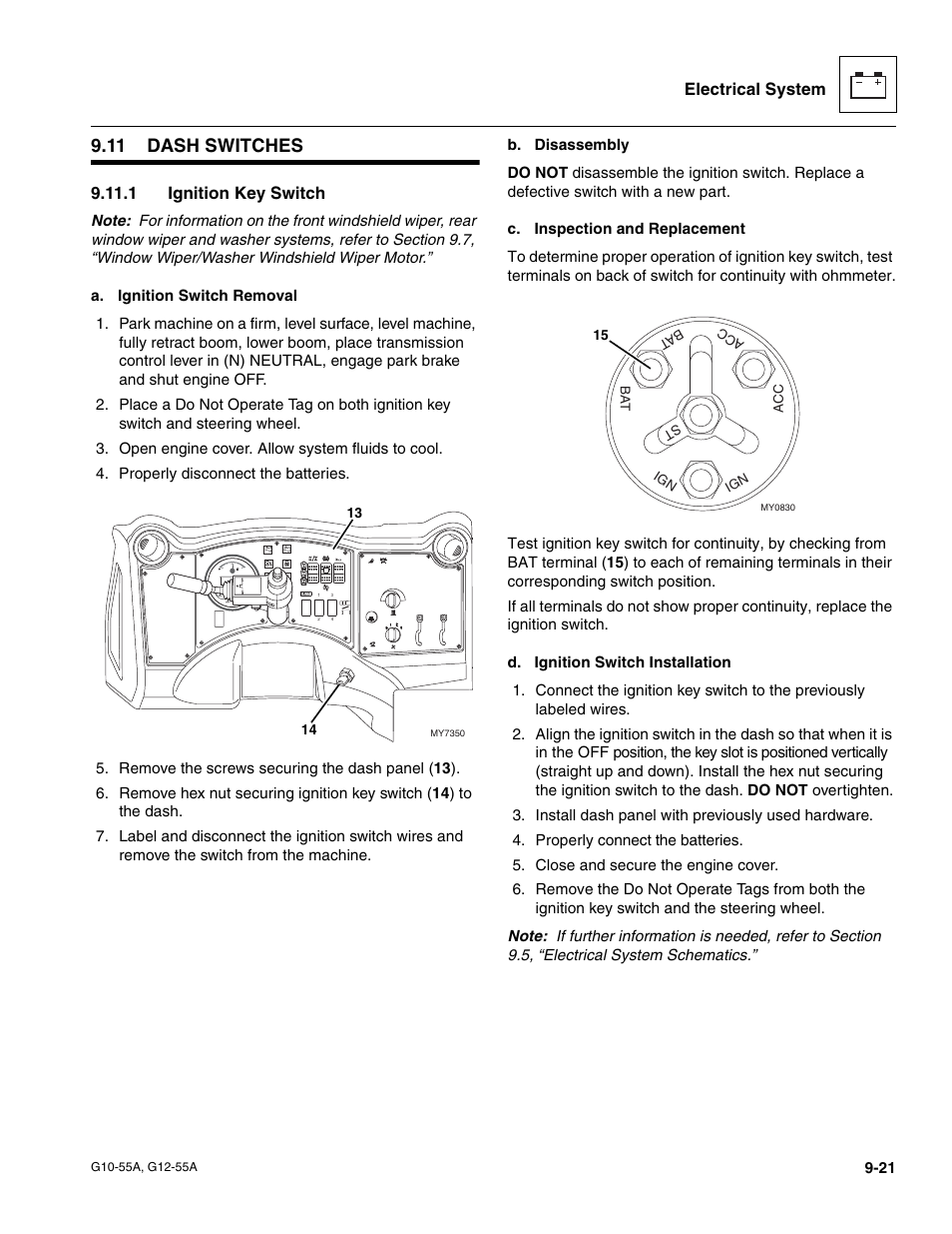11 dash switches, 1 ignition key switch, Dash switches | Ignition key switch, Electrical system | JLG G12-55A Service Manual User Manual | Page 163 / 176