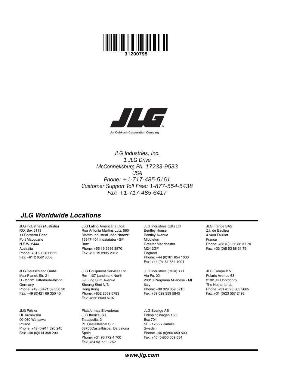 Jlg worldwide locations | JLG G12-55A Service Manual User Manual | Page 176 / 176