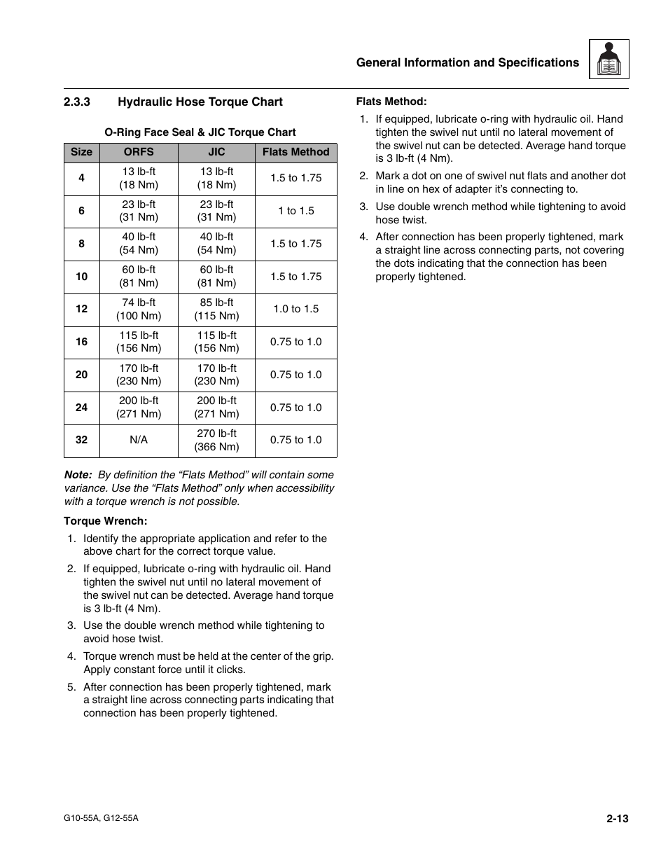 3 hydraulic hose torque chart, Hydraulic hose torque chart | JLG G12-55A Service Manual User Manual | Page 25 / 176