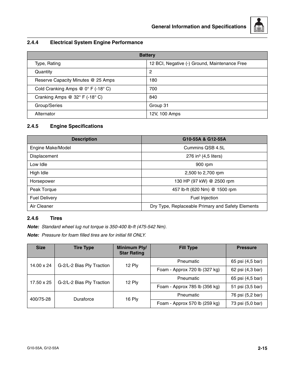 4 electrical system engine performance, 5 engine specifications, 6 tires | Electrical system engine performance | JLG G12-55A Service Manual User Manual | Page 27 / 176