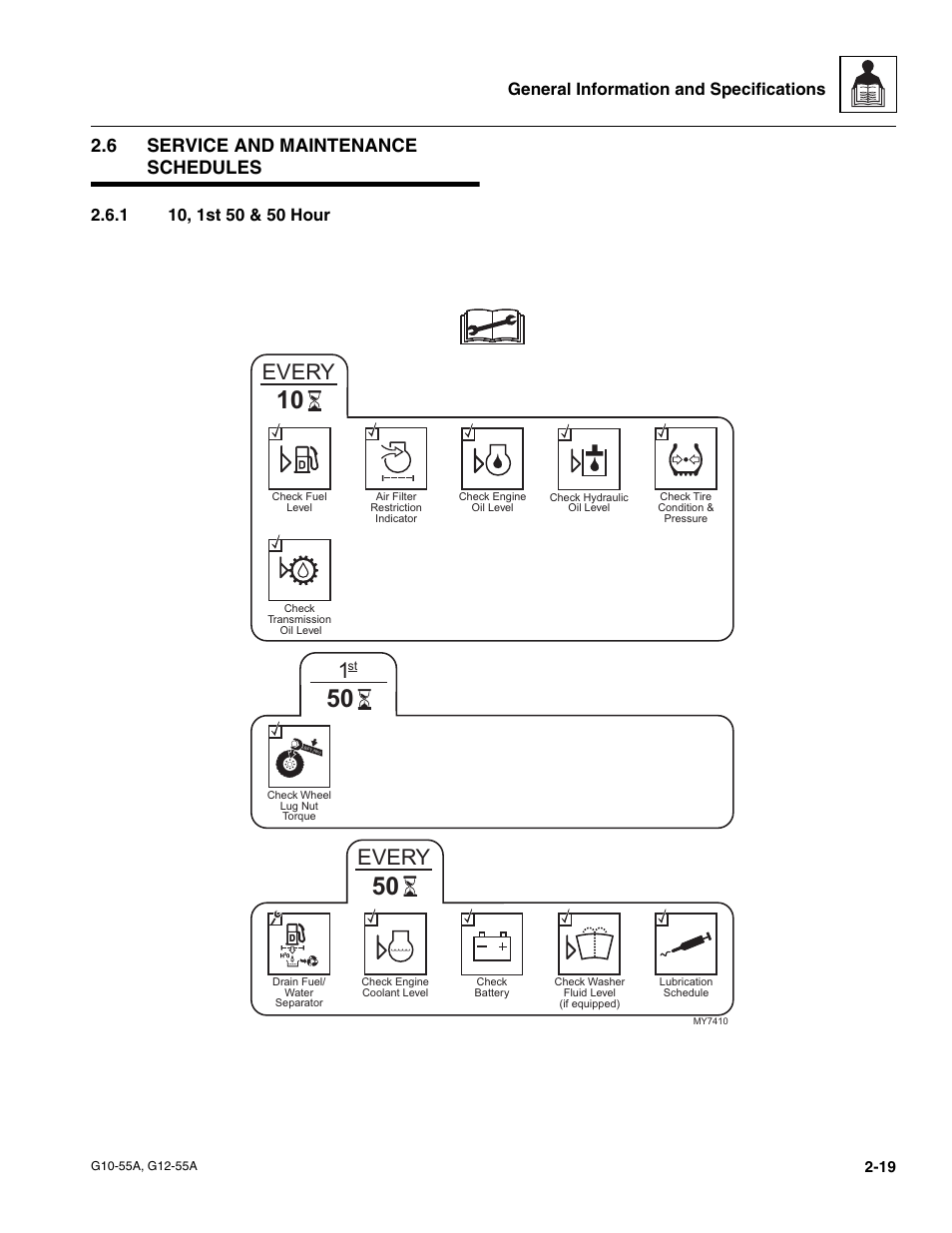6 service and maintenance schedules, 1 10, 1st 50 & 50 hour, Service and maintenance schedules | 10, 1st 50 & 50 hour, Every, General information and specifications | JLG G12-55A Service Manual User Manual | Page 31 / 176