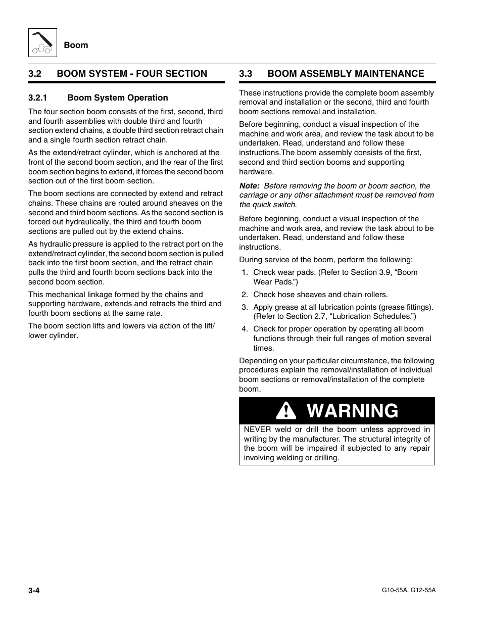 2 boom system - four section, 1 boom system operation, 3 boom assembly maintenance | Boom system - four section, Boom assembly maintenance, Boom system operation, Warning | JLG G12-55A Service Manual User Manual | Page 40 / 176