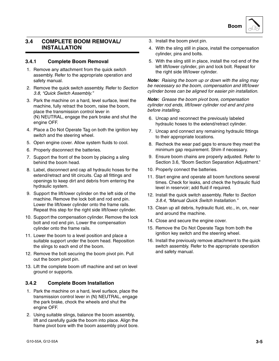 4 complete boom removal/ installation, 1 complete boom removal, 2 complete boom installation | Complete boom removal/installation, Complete boom removal, Complete boom installation | JLG G12-55A Service Manual User Manual | Page 41 / 176