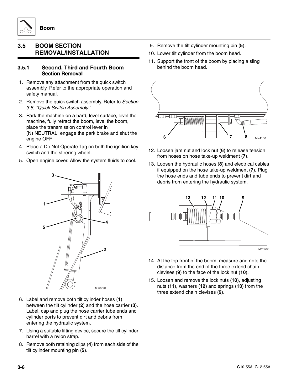 5 boom section removal/installation, 1 second, third and fourth boom section removal, Boom section removal/installation | Second, third and fourth boom section removal | JLG G12-55A Service Manual User Manual | Page 42 / 176