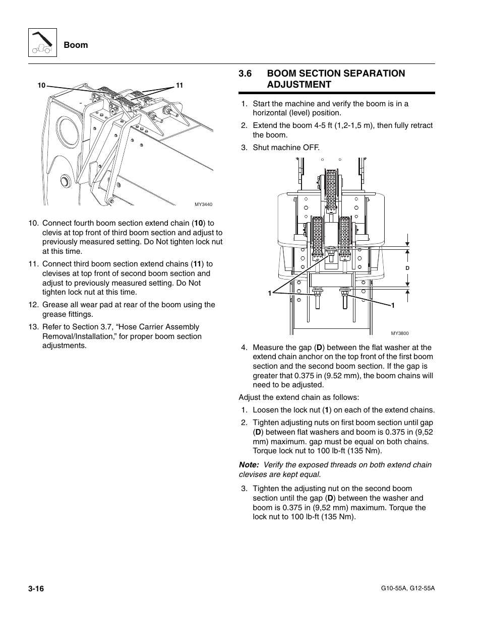 6 boom section separation adjustment, Boom section separation adjustment, Section 3.6, “boom section separation adjustment | JLG G12-55A Service Manual User Manual | Page 52 / 176