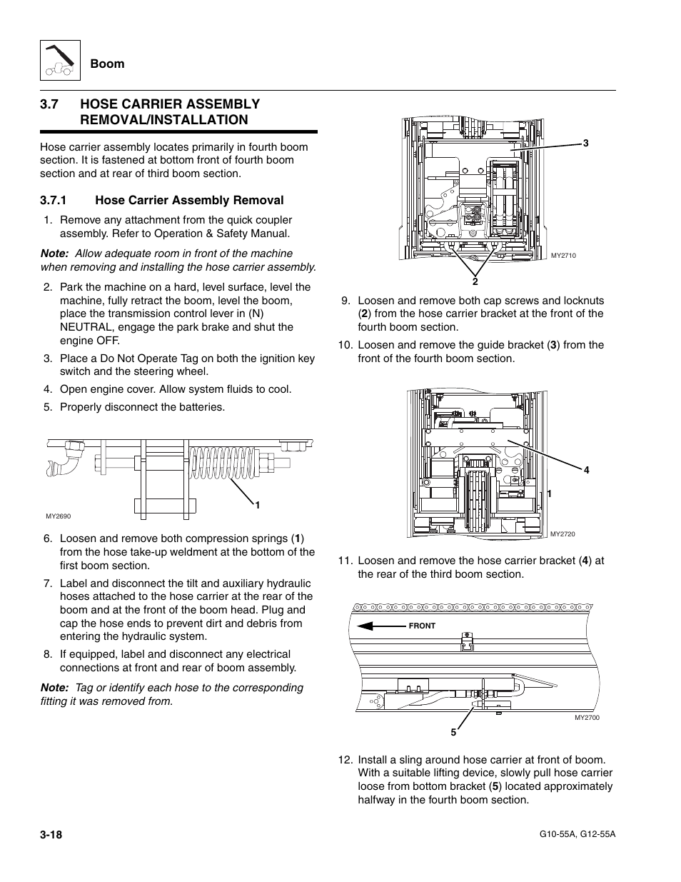 7 hose carrier assembly removal/installation, 1 hose carrier assembly removal, Hose carrier assembly removal/installation | Hose carrier assembly removal | JLG G12-55A Service Manual User Manual | Page 54 / 176