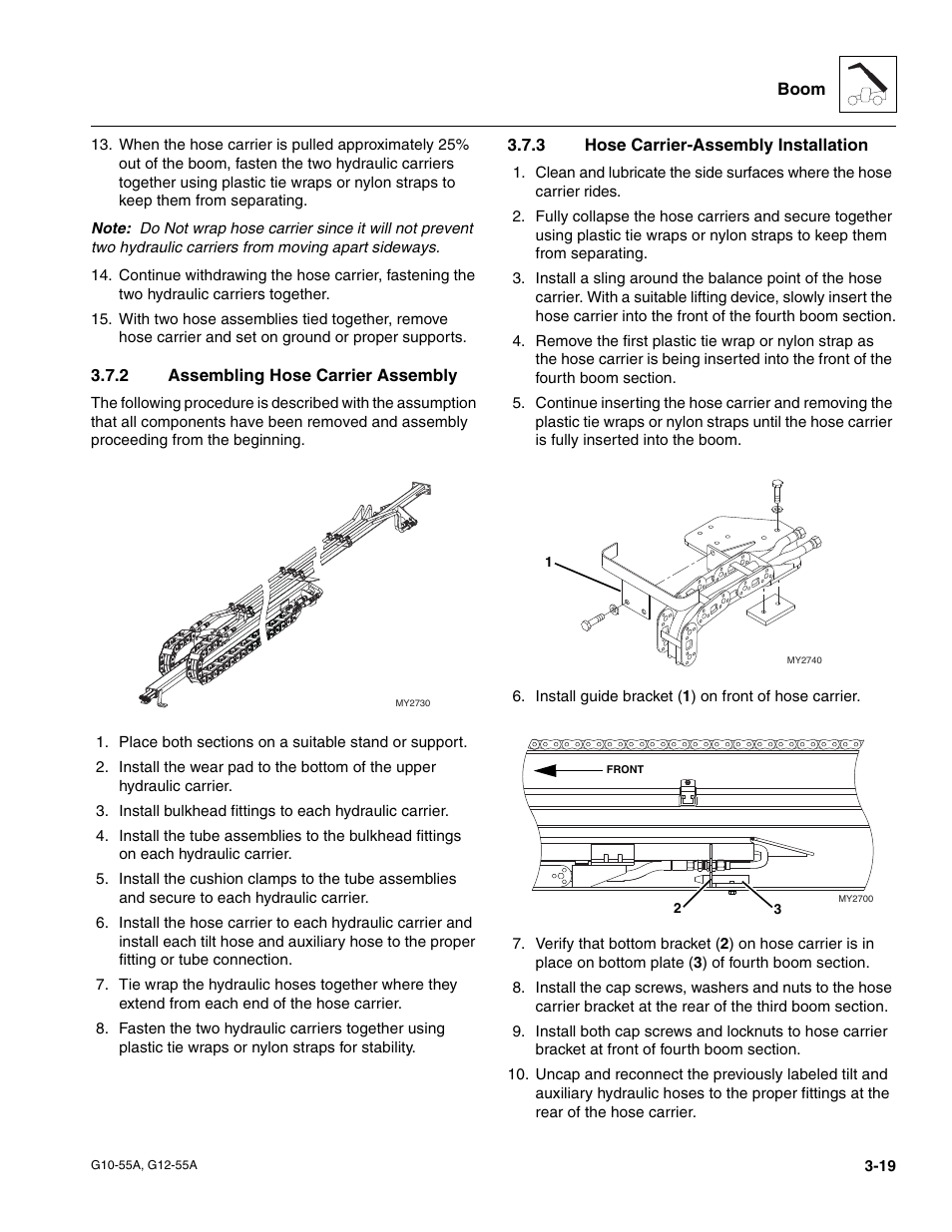 2 assembling hose carrier assembly, 3 hose carrier-assembly installation, Assembling hose carrier assembly | Hose carrier-assembly installation | JLG G12-55A Service Manual User Manual | Page 55 / 176