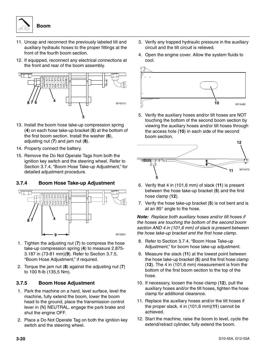 4 boom hose take-up adjustment, 5 boom hose adjustment, Boom hose adjustment | JLG G12-55A Service Manual User Manual | Page 56 / 176