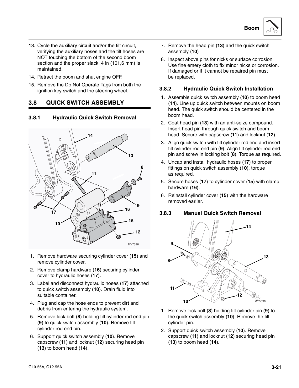 8 quick switch assembly, 1 hydraulic quick switch removal, 2 hydraulic quick switch installation | 3 manual quick switch removal, Quick switch assembly, Hydraulic quick switch removal, Hydraulic quick switch installation, Manual quick switch removal, Section, 8, “quick switch assembly | JLG G12-55A Service Manual User Manual | Page 57 / 176