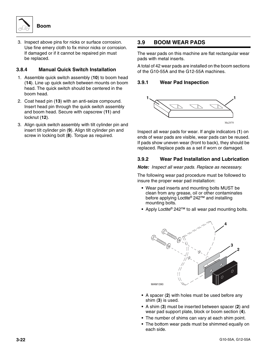 4 manual quick switch installation, 9 boom wear pads, 1 wear pad inspection | 2 wear pad installation and lubrication, Boom wear pads, Manual quick switch installation, Wear pad inspection, Wear pad installation and lubrication, To section, 4, “manual quick switch installation | JLG G12-55A Service Manual User Manual | Page 58 / 176