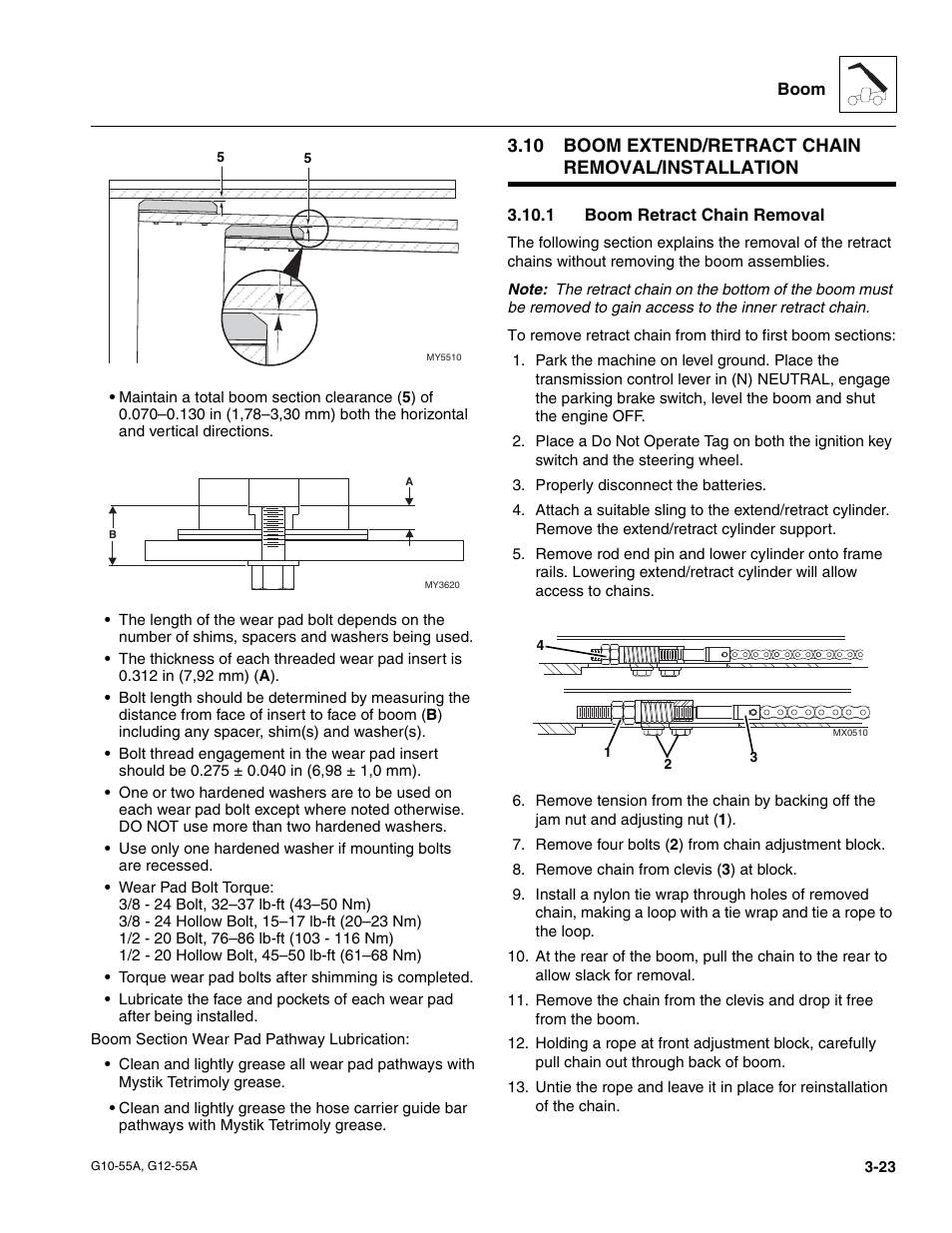 10 boom extend/retract chain removal/installation, 1 boom retract chain removal, Boom extend/retract chain removal/installation | JLG G12-55A Service Manual User Manual | Page 59 / 176