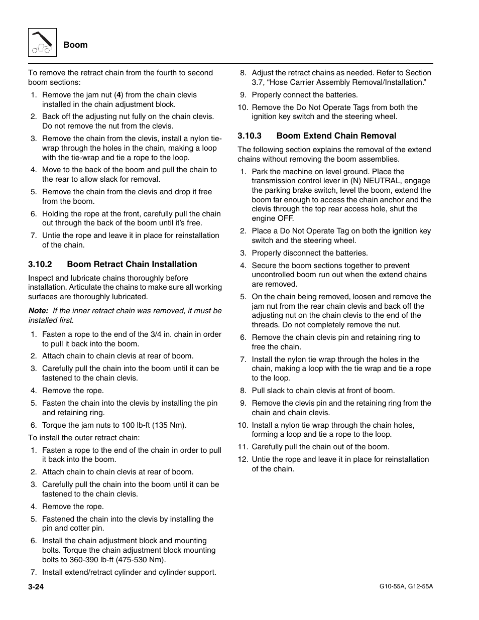 2 boom retract chain installation, 3 boom extend chain removal | JLG G12-55A Service Manual User Manual | Page 60 / 176