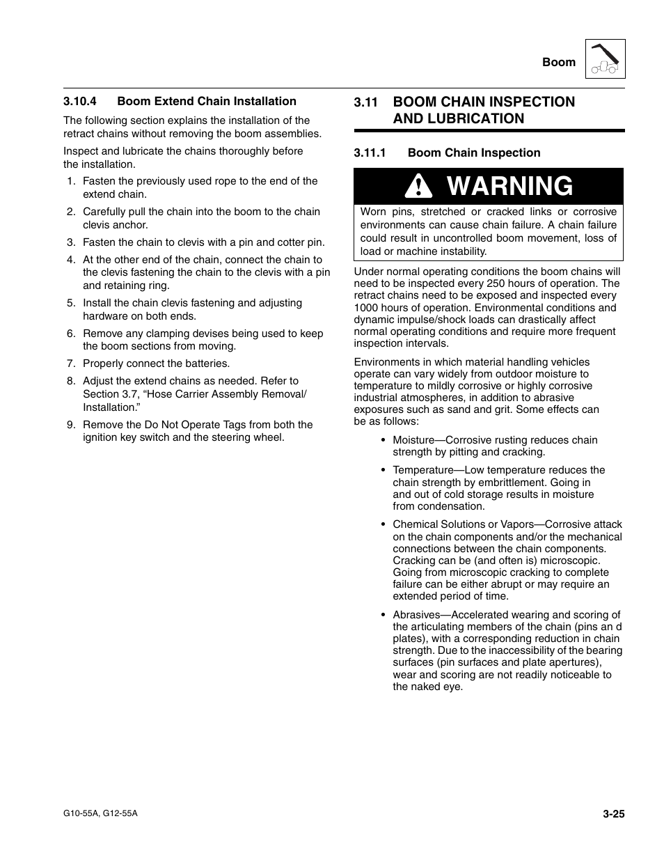 4 boom extend chain installation, 11 boom chain inspection and lubrication, 1 boom chain inspection | Boom chain inspection and lubrication, Boom chain inspection, Warning | JLG G12-55A Service Manual User Manual | Page 61 / 176