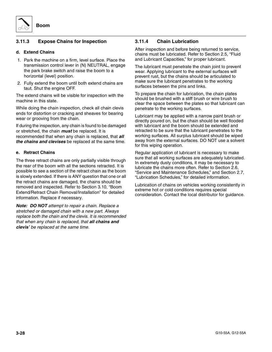 3 expose chains for inspection, 4 chain lubrication, Expose chains for inspection | Chain lubrication | JLG G12-55A Service Manual User Manual | Page 64 / 176