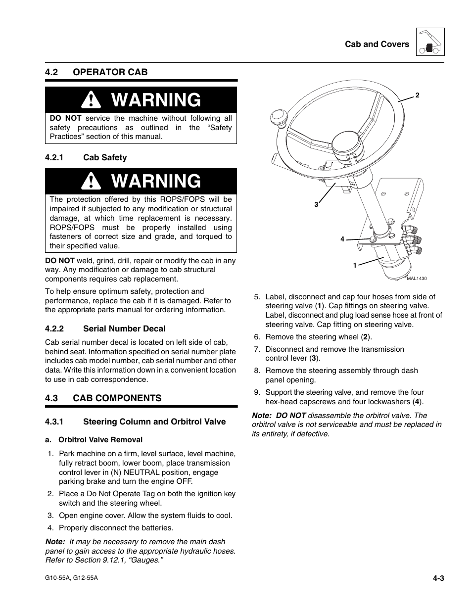 2 operator cab, 1 cab safety, 2 serial number decal | 3 cab components, 1 steering column and orbitrol valve, Operator cab, Cab components, Cab safety, Serial number decal, Steering column and orbitrol valve | JLG G12-55A Service Manual User Manual | Page 73 / 176