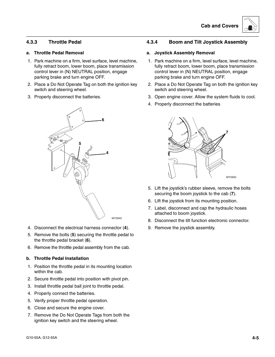 3 throttle pedal, 4 boom and tilt joystick assembly, Throttle pedal | JLG G12-55A Service Manual User Manual | Page 75 / 176