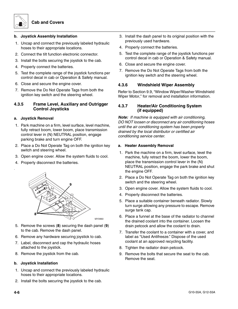 6 windshield wiper assembly, 7 heater/air conditioning system (if equipped), Windshield wiper assembly | Heater/air conditioning system (if equipped) | JLG G12-55A Service Manual User Manual | Page 76 / 176