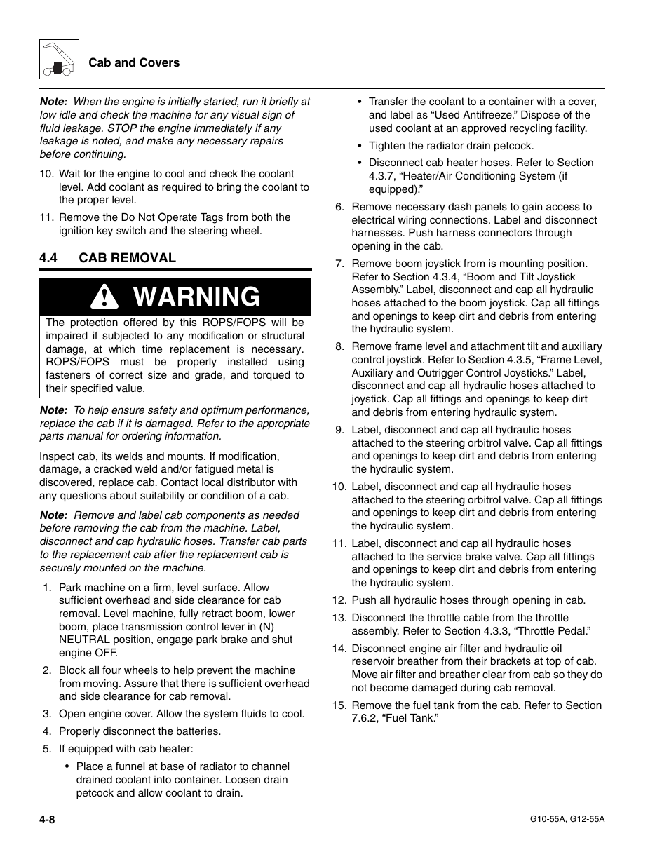 4 cab removal, Cab removal, Warning | JLG G12-55A Service Manual User Manual | Page 78 / 176