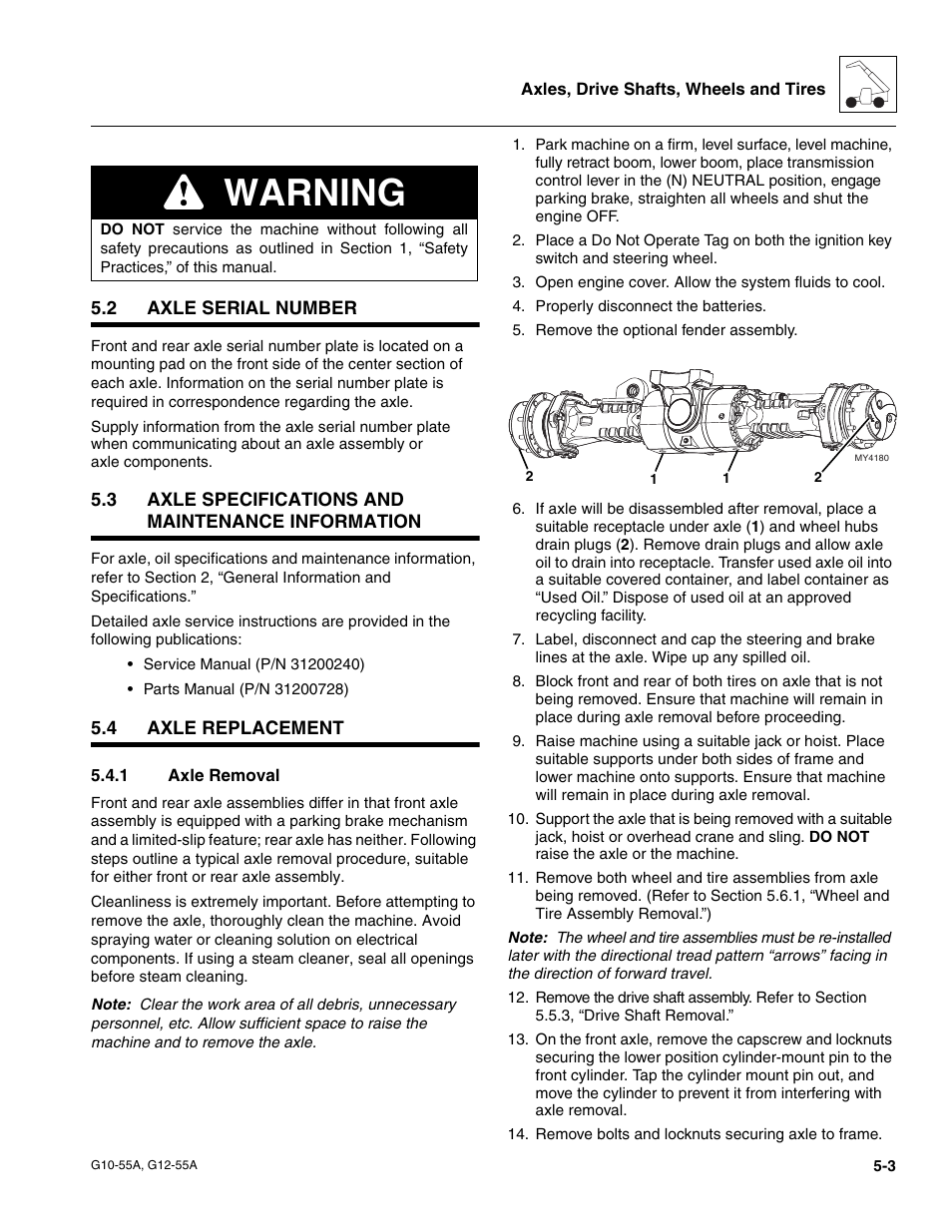 2 axle serial number, 3 axle specifications and maintenance information, 4 axle replacement | 1 axle removal, Axle serial number, Axle specifications and maintenance information, Axle replacement, Axle removal, Warning | JLG G12-55A Service Manual User Manual | Page 83 / 176