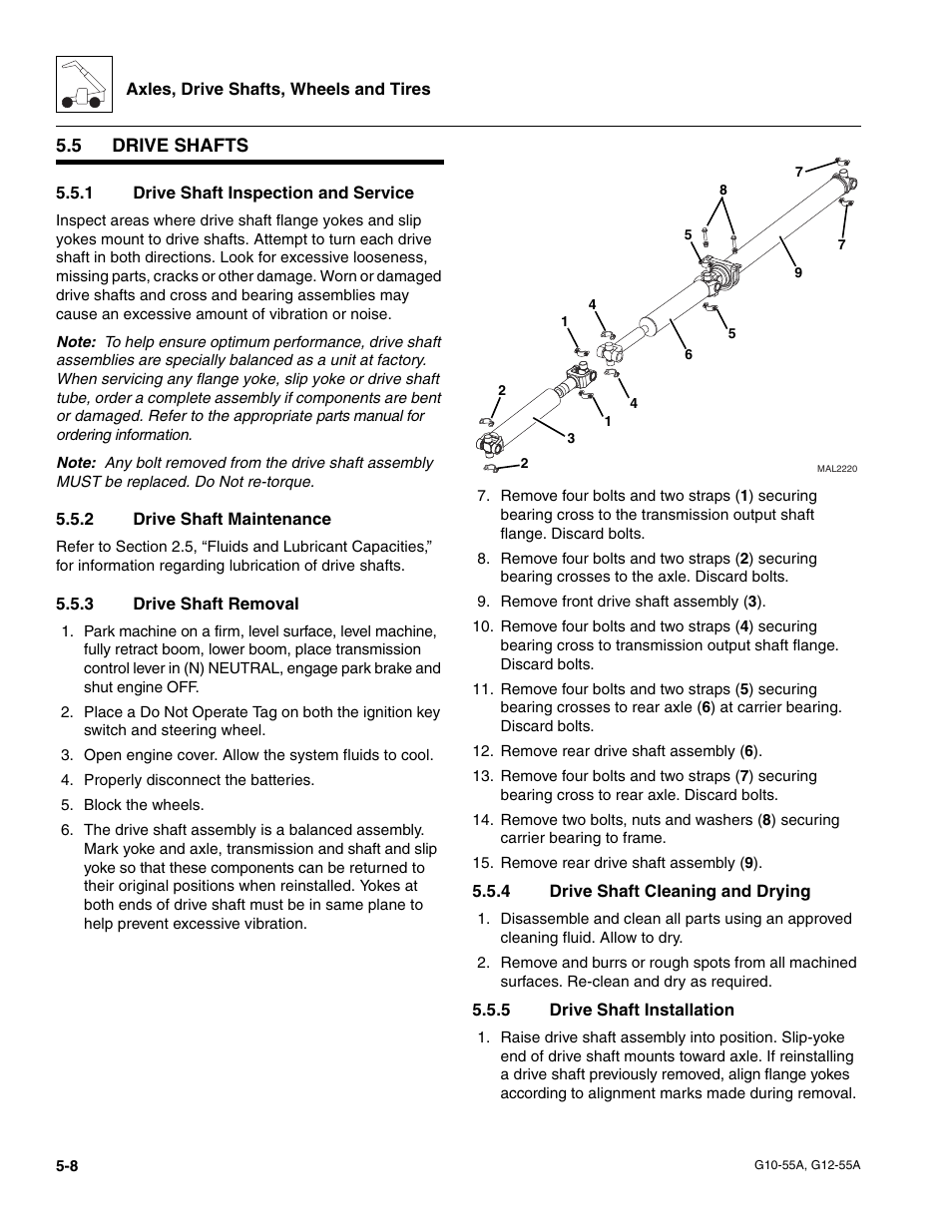 5 drive shafts, 1 drive shaft inspection and service, 2 drive shaft maintenance | 3 drive shaft removal, 4 drive shaft cleaning and drying, 5 drive shaft installation, Drive shafts, Drive shaft inspection and service, Drive shaft maintenance, Drive shaft removal | JLG G12-55A Service Manual User Manual | Page 88 / 176