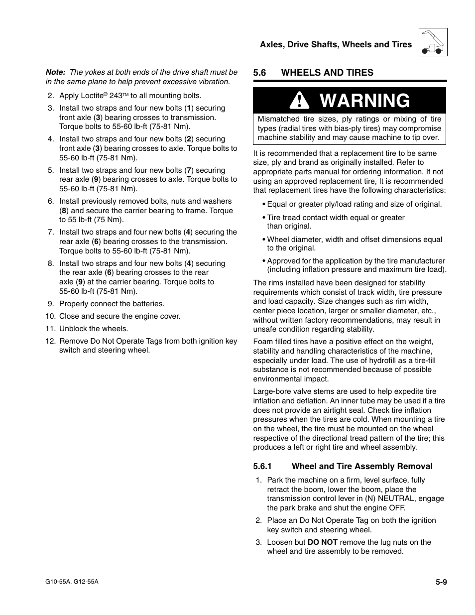 6 wheels and tires, 1 wheel and tire assembly removal, Wheels and tires | Wheel and tire assembly removal, Section 5.6.1, “wheel and tire assembly removal, Warning | JLG G12-55A Service Manual User Manual | Page 89 / 176