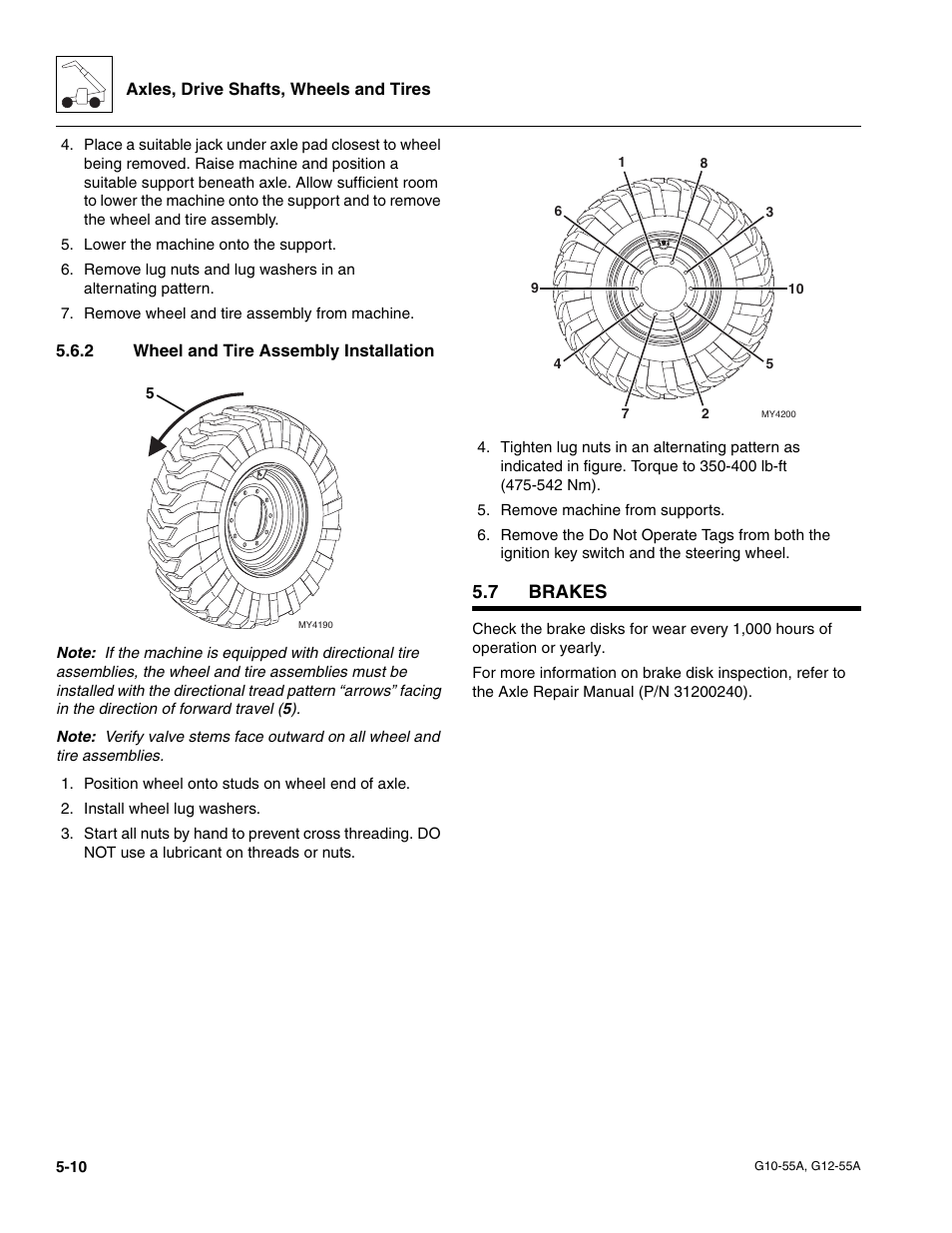 2 wheel and tire assembly installation, 7 brakes, Brakes | Wheel and tire assembly installation, Section 5.7, “brakes | JLG G12-55A Service Manual User Manual | Page 90 / 176