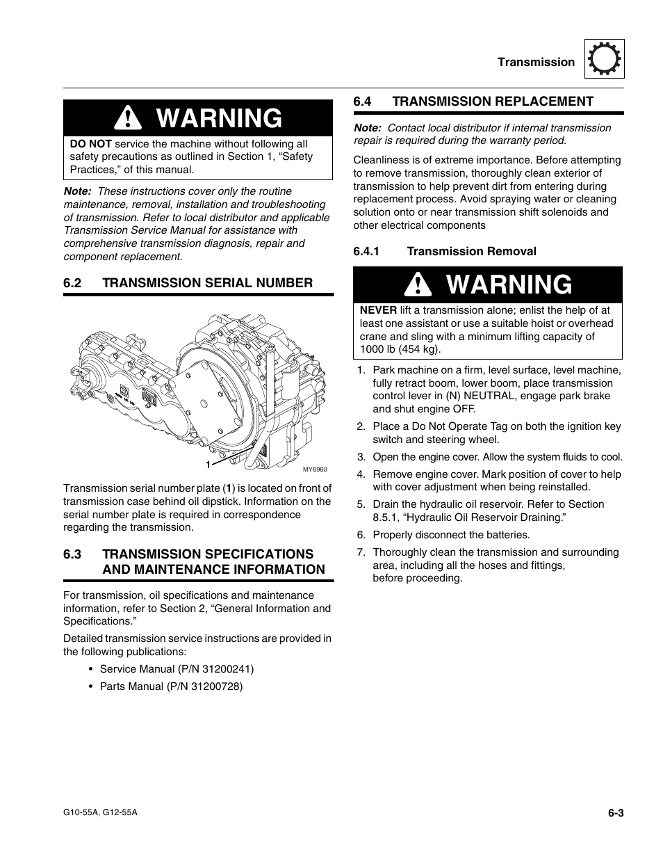 2 transmission serial number, 4 transmission replacement, 1 transmission removal | Transmission serial number, Transmission replacement, Transmission removal, Warning | JLG G12-55A Service Manual User Manual | Page 95 / 176