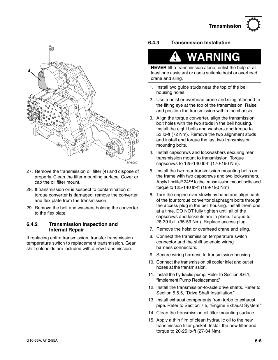2 transmission inspection and internal repair, 3 transmission installation, Transmission inspection and internal repair | Transmission installation, Warning | JLG G12-55A Service Manual User Manual | Page 97 / 176