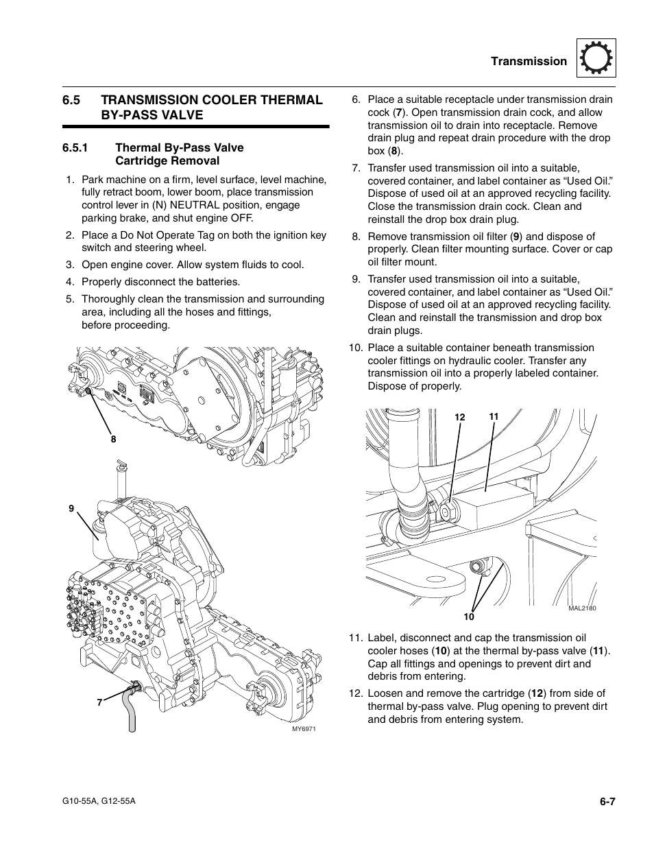 5 transmission cooler thermal by-pass valve, 1 thermal by-pass valve cartridge removal, Transmission cooler thermal by-pass valve | JLG G12-55A Service Manual User Manual | Page 99 / 176