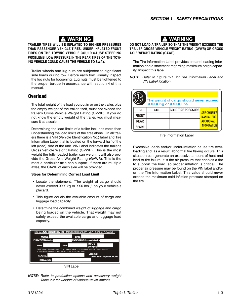 Overload, Tire and loading information | JLG Triple-L Operator Manual User Manual | Page 13 / 70