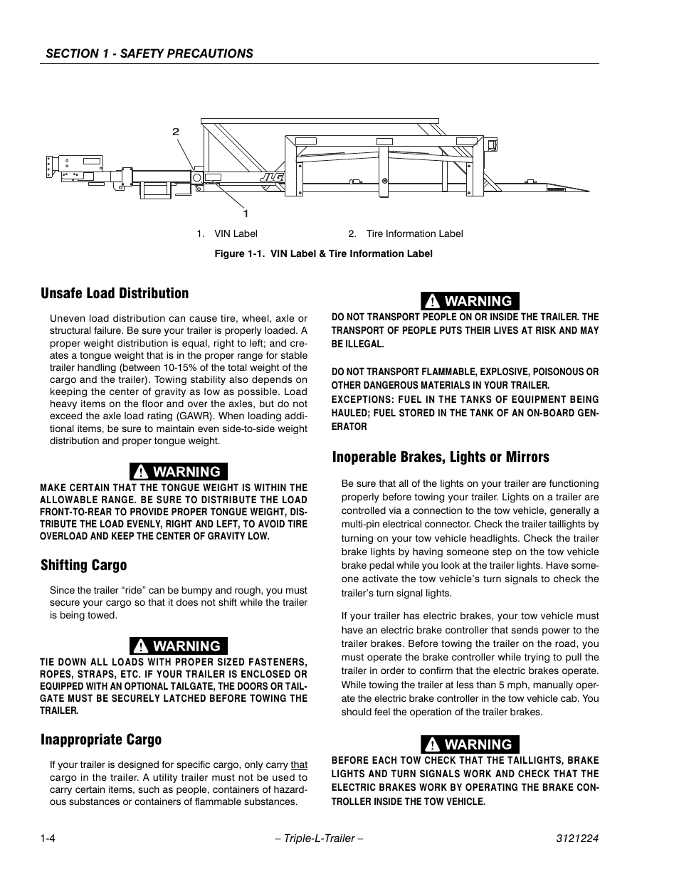 Unsafe load distribution, Shifting cargo, Inappropriate cargo | Inoperable brakes, lights or mirrors, Vin label & tire information label -4 | JLG Triple-L Operator Manual User Manual | Page 14 / 70
