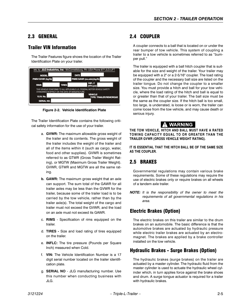 3 general, Trailer vin information, 4 coupler | 5 brakes, Electric brakes (option), Hydraulic brakes - surge brakes (option), General -5, Coupler -5, Brakes -5, Vehicle identification plate -5 | JLG Triple-L Operator Manual User Manual | Page 23 / 70