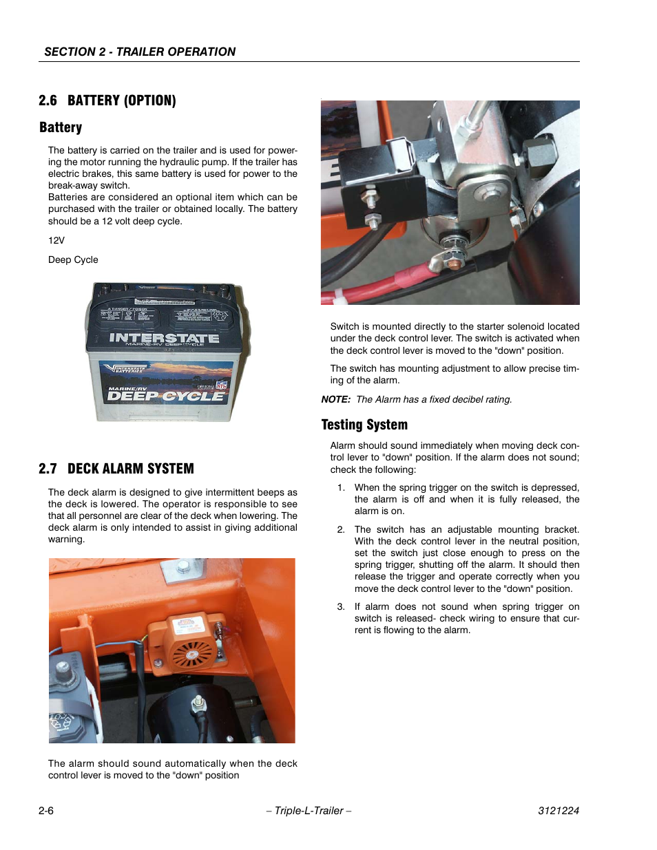 6 battery (option), Battery, 7 deck alarm system | Testing system, Battery (option) -6, Deck alarm system -6, 6 battery (option) battery | JLG Triple-L Operator Manual User Manual | Page 24 / 70