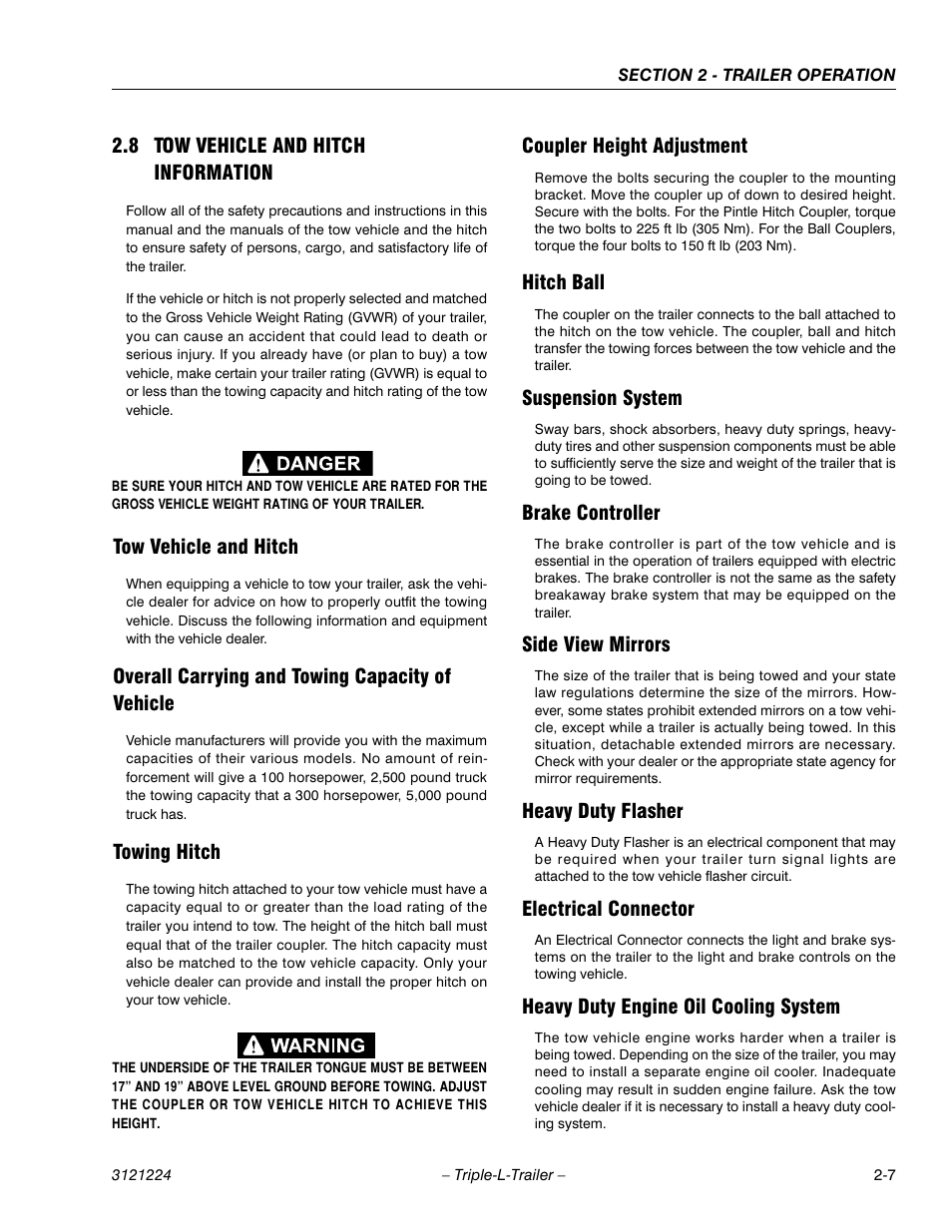 8 tow vehicle and hitch information, Tow vehicle and hitch, Overall carrying and towing capacity of vehicle | Towing hitch, Coupler height adjustment, Hitch ball, Suspension system, Brake controller, Side view mirrors, Heavy duty flasher | JLG Triple-L Operator Manual User Manual | Page 25 / 70
